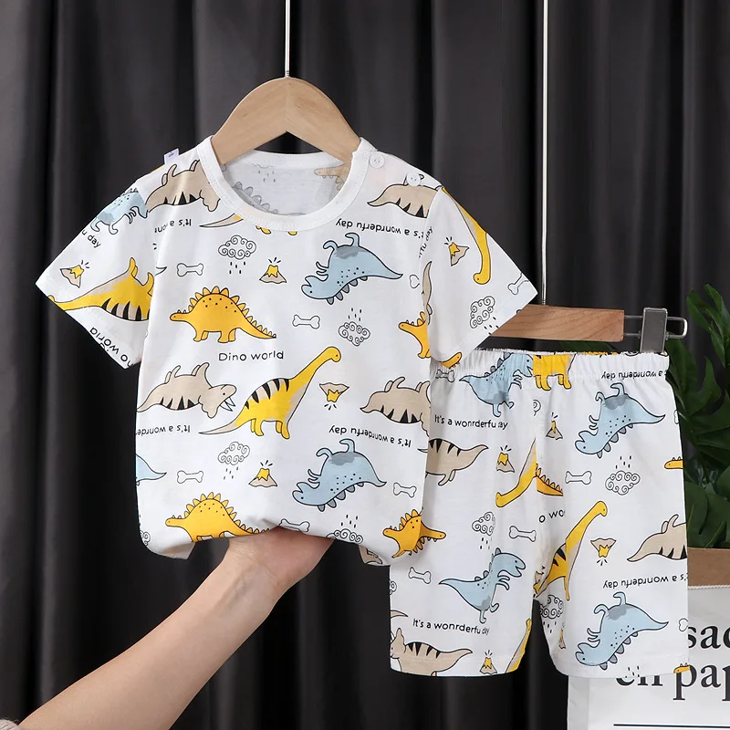 

New 2023 Kids Boys Girls Pajamas Summer Cartoon Short Sleeve Cute T-Shirt Tops with Shorts Toddler Baby Sleeping Clothing Sets