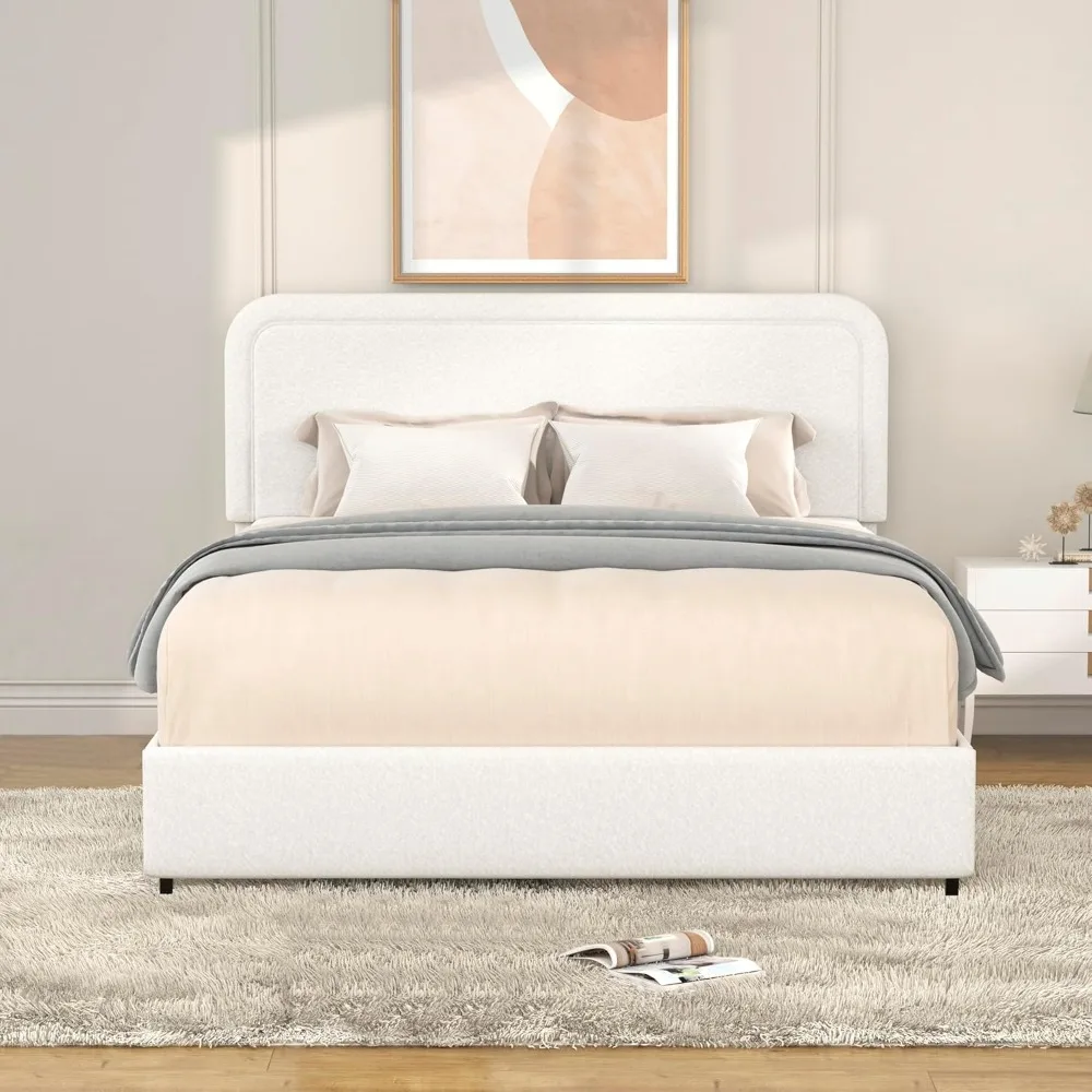 

Bed Frame Queen Size with 2 Drawers Storage, Curved Stitched Tufted Headboard, Boucle Upholstered Platform Bed Frame
