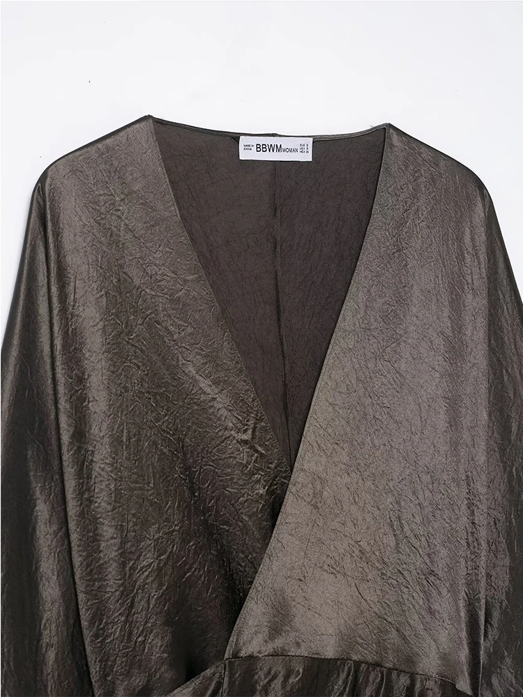 Satin Ruched Long Dresses for Women Long Sleeve V neck Midi Dress Woman Tied Party Womens Dresses Casual Female Dress