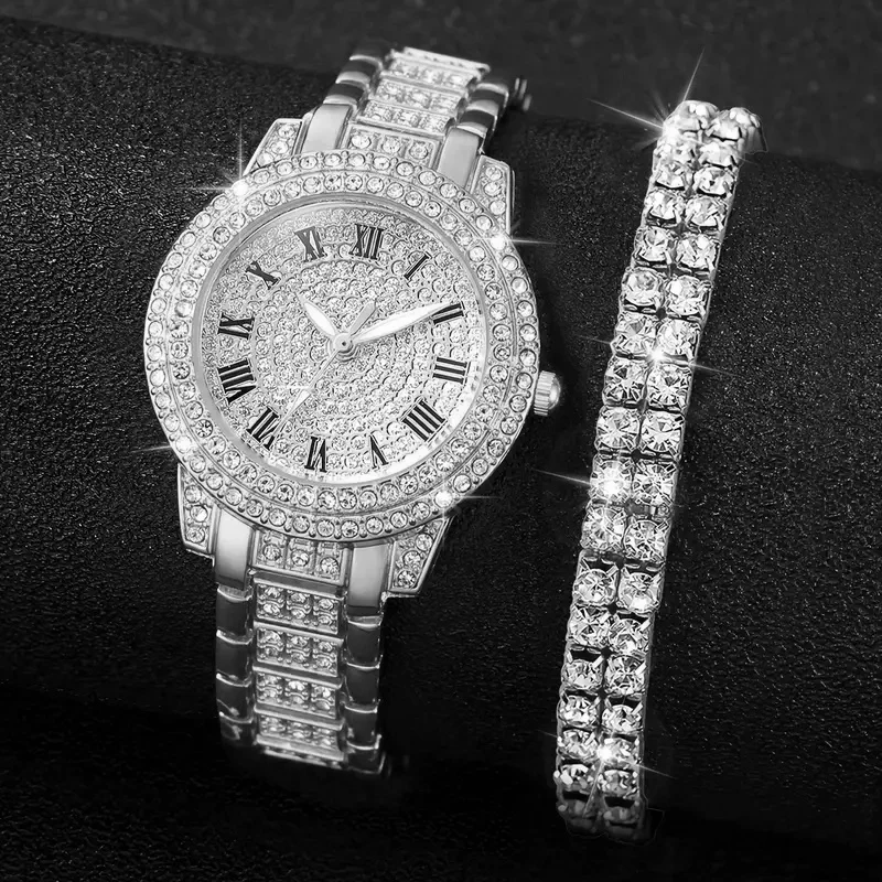 Luxury fashion alloy full diamond Roman quartz watch with double row diamond bracelet gift set 4