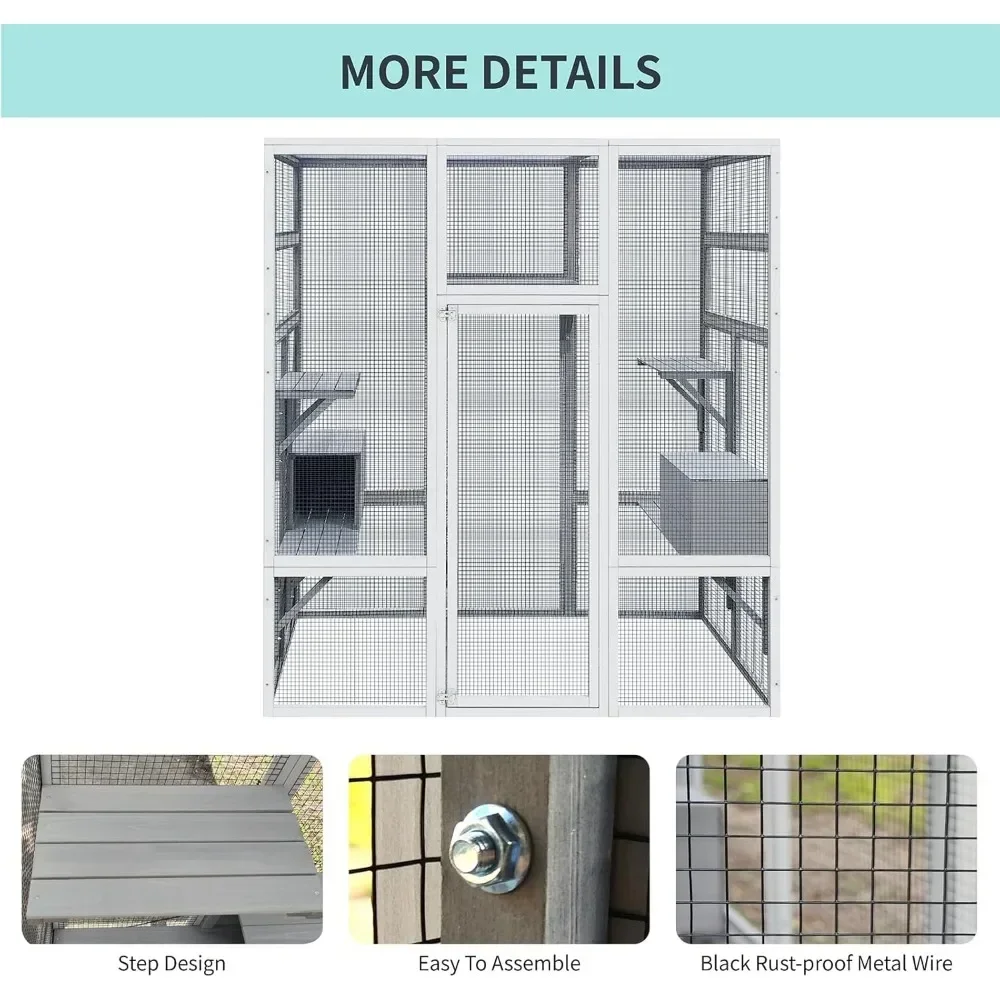 72 Inch Wooden Catio Outdoor Cat Enclosure w/ 2 Napping Houses, Luxury Kitty-House with 7 Jumping Platforms