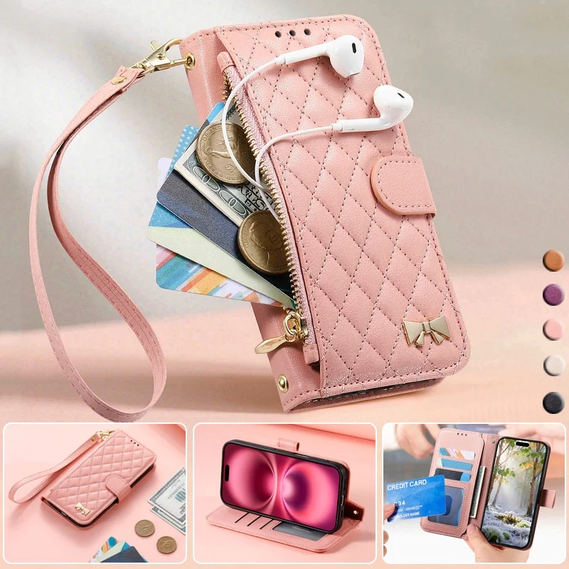 Zipper Leather Wallet Phone Case with Wrist Strap and Card Holder