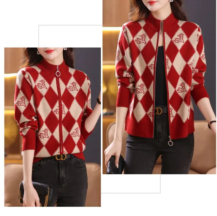 Women's Korean Vintage Plaid Sweaters Cardigan Autumn Winter Casual All-match Stand Collar Zipper Knitted Tops Female Clothing