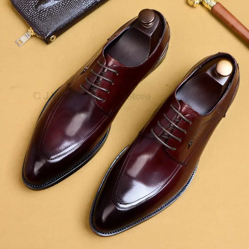 

Handmade Men's Wingtip Oxford Shoes Genuine Leather High Quality Dress Shoes Black Wine Red Business Formal Derby Shoes For Men