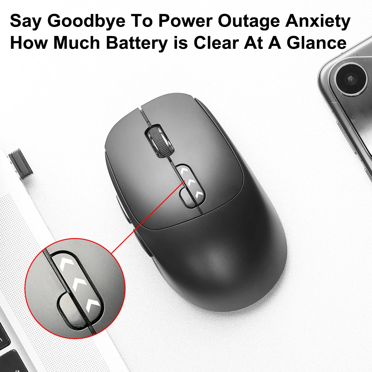 Ergonomic Wireless Rechargeable Mouse with Power Level Display and USB-A Plug & Play