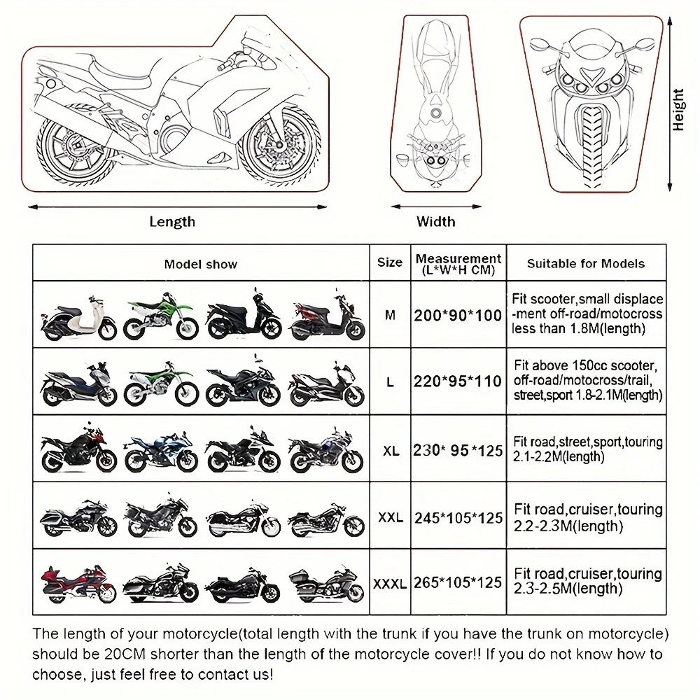 Waterproof Outdoor Motorcycle Cover with Elastic Hem and Reflective Strips