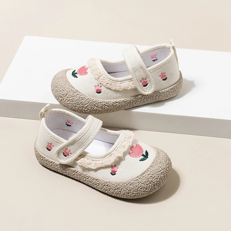 Girls Canvas Shoes Fashion Sweet Embroidery Toddlers Kids Casual Shoes Soft Soled Versatile Children Princess Shoes Ruffled Edge 2