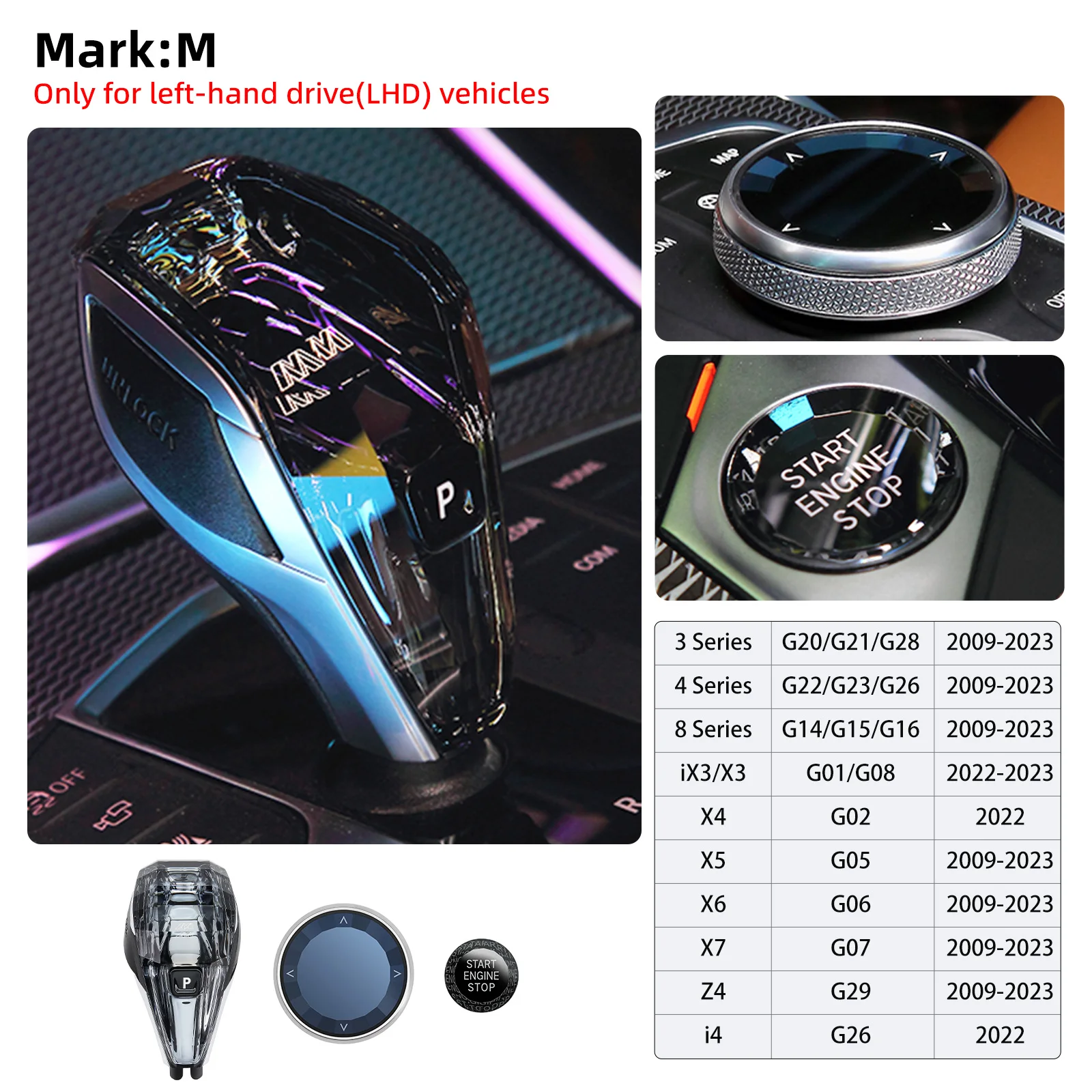 Crystal Series Crystal Shift Knob and Controls for G20/4 G22/ X5 G05/X6 G06/X7 G07/Z4 G29 (Logo X
