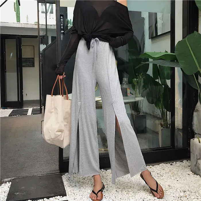 joggers Korean Casual Loose Wide Pants Front Split Wide Leg High Waist Style Streetwear Fashion Slim Long Trousers New Lady Clothing white capris