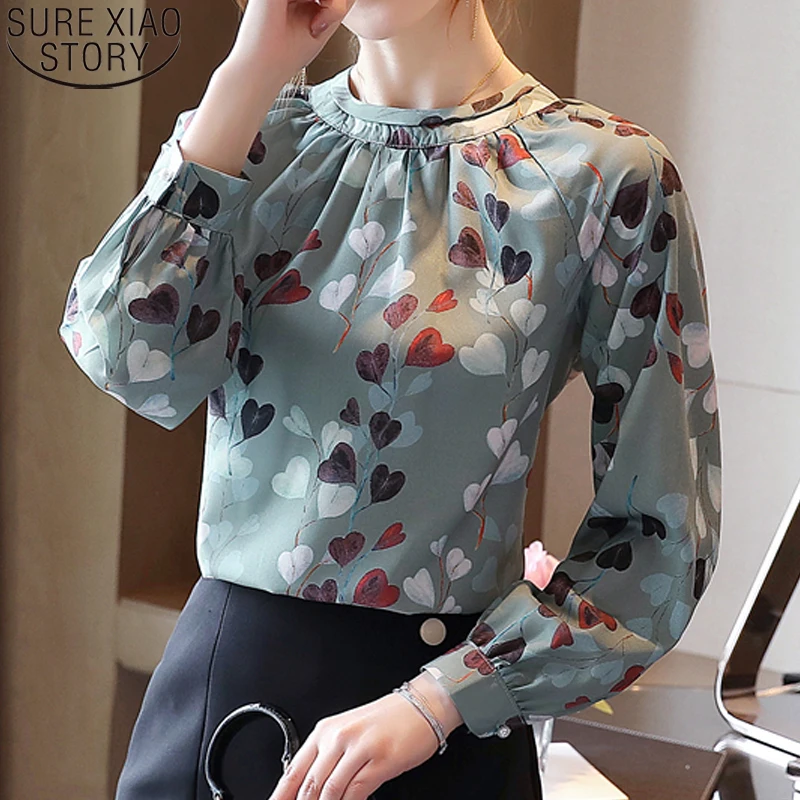 Green Silk Chiffon Blouses Women Print 