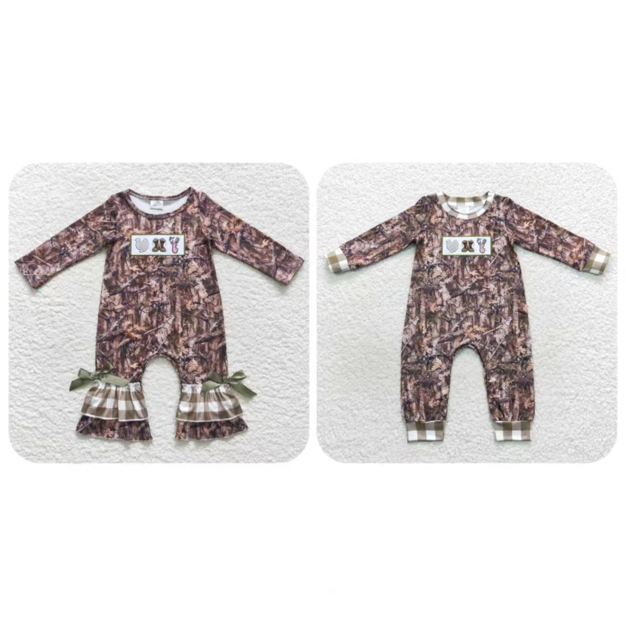

wholesale newborn baby boys and girls rompers Embroidered Thanksgiving Turkey Boots Deer leaves plaid green long-sleeved onesie