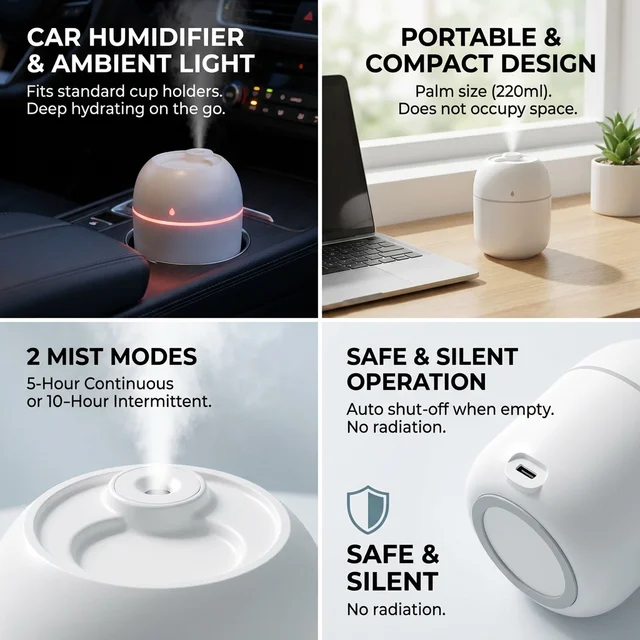 220ml Portable USB Ultrasonic Air Mini Humidifier Essential Oil Diffuser Car Purifier Aroma Anion Mist Maker 6