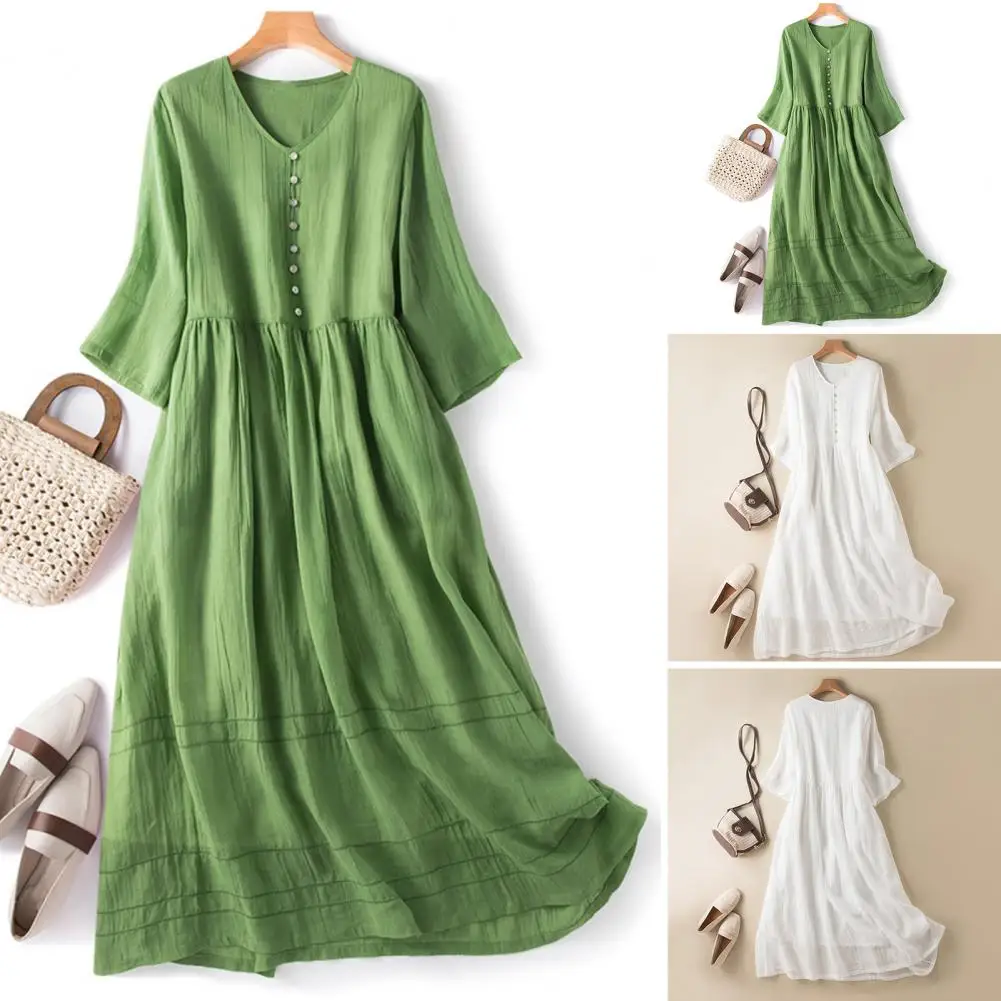 

Summer Spring Women Dress Half Sleeves V Neck A-line Loose Hem Beach Dress Double Layers Pleated Mid-calf Length Midi Dress