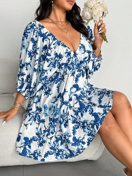 plus Size V-Neck Romantic Floral Print Vacation Dress Women's Casual Elegant Maxi Dress for Summer 1