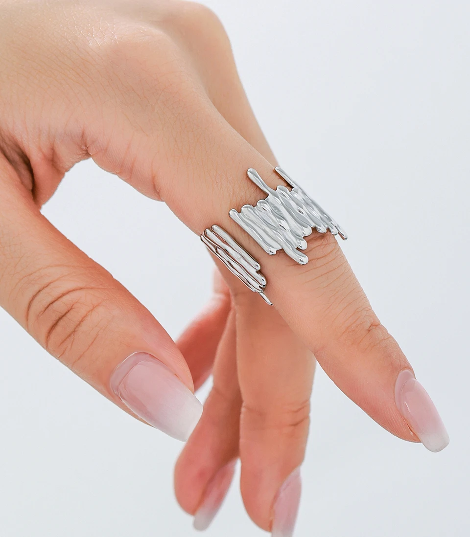 Lava unregelmäßige Edelstahlringe für Damen und Herren, 18 Karat vergoldet, wasserdicht, verstellbar, offener Ring, Schmuck, Geschenk – Detail 10