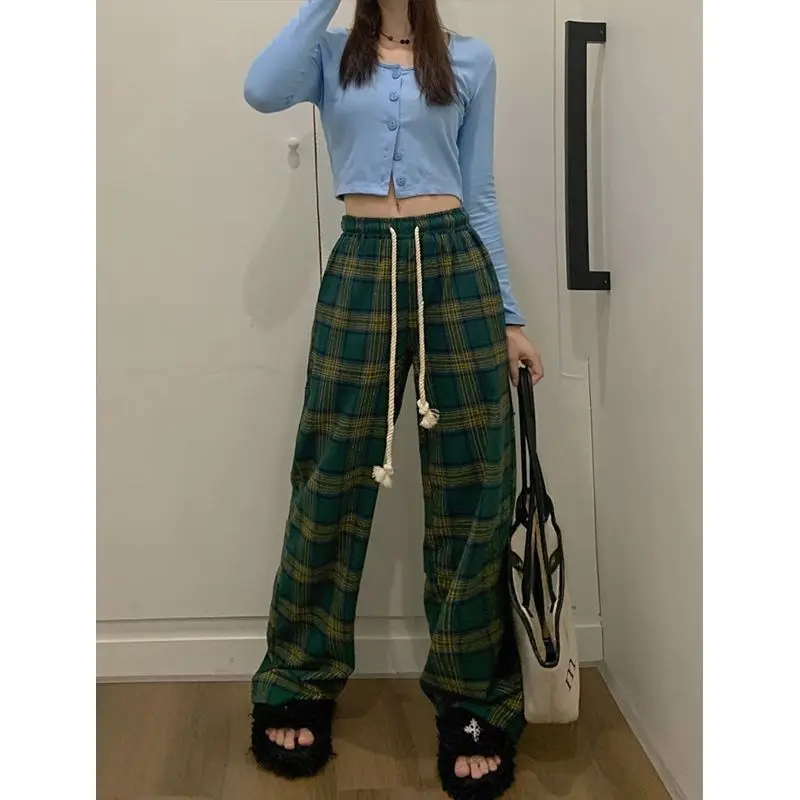 Spring Autumn New Elastic Waist Lacing Wide Leg Pants Plaid Loose Plus Size Straight Sports Pants Vintage Casual Women Clothing
