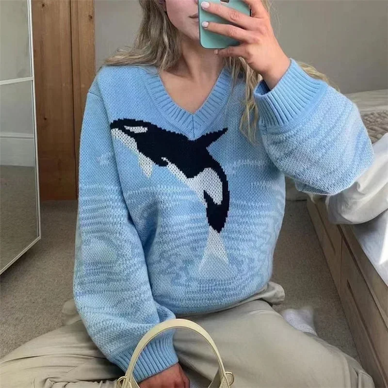 

Cute Dolphin Print Sweaters Women V-Neck Y2K Pullover Winter Knitted Sweater Blue Oversized Tops Fashion Streetwear Loose Jumper