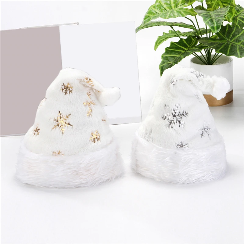 White Soft Plush Christmas Hat Party Snowflake Santa Hats White Xmas Decoration Hat New Year Decoration Holiday Party Supplies christmas beanie hat
