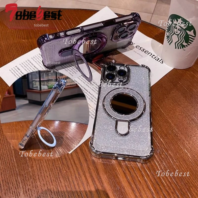 Glitter Plating Makeup Mirror Phone Case with Magnetic Holder and Bracelet Cover