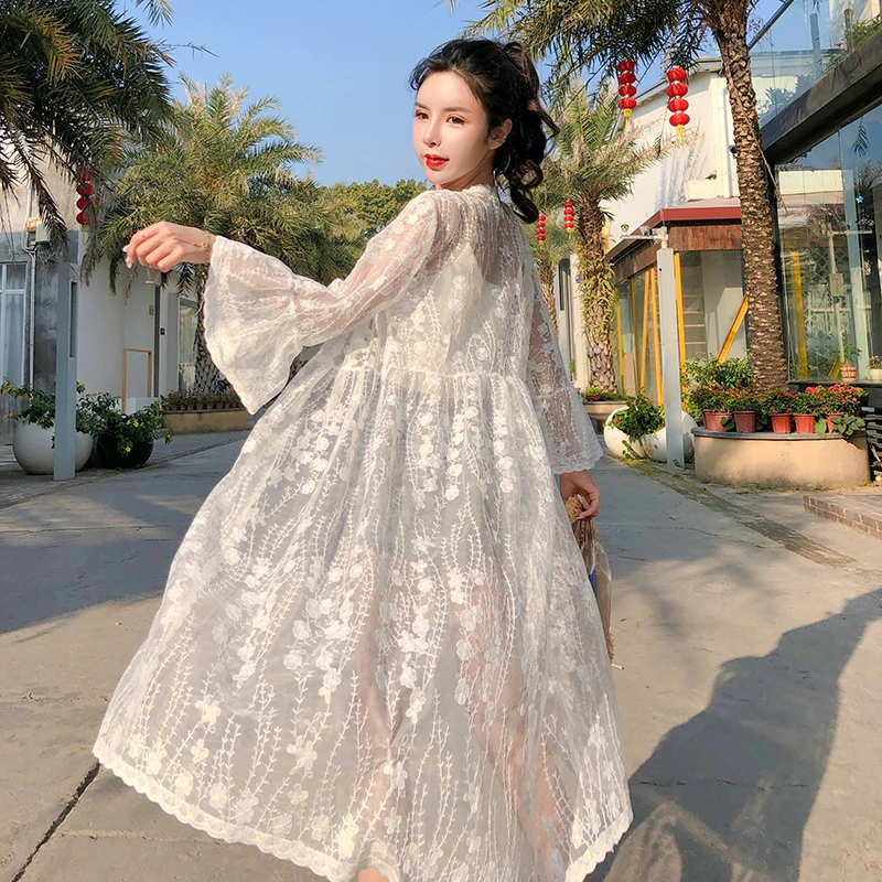 2022 플레어 소매 레이스 가디건, 얇은 자외선 차단 겉옷, 여성 올 매치 홀리데이 미디 길이 숄, 여름 해변 스타일