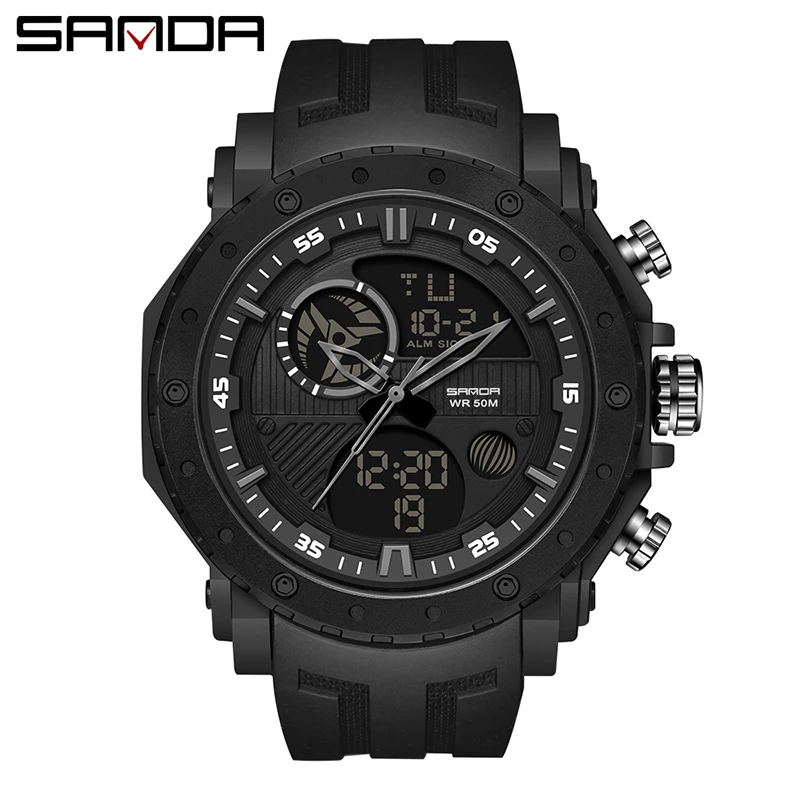 

SANDA Quartz Watch Men Army Green 50M Waterproof Silicone Strap Sports Watches Luminous Digital Display Relogio Masculino 6012