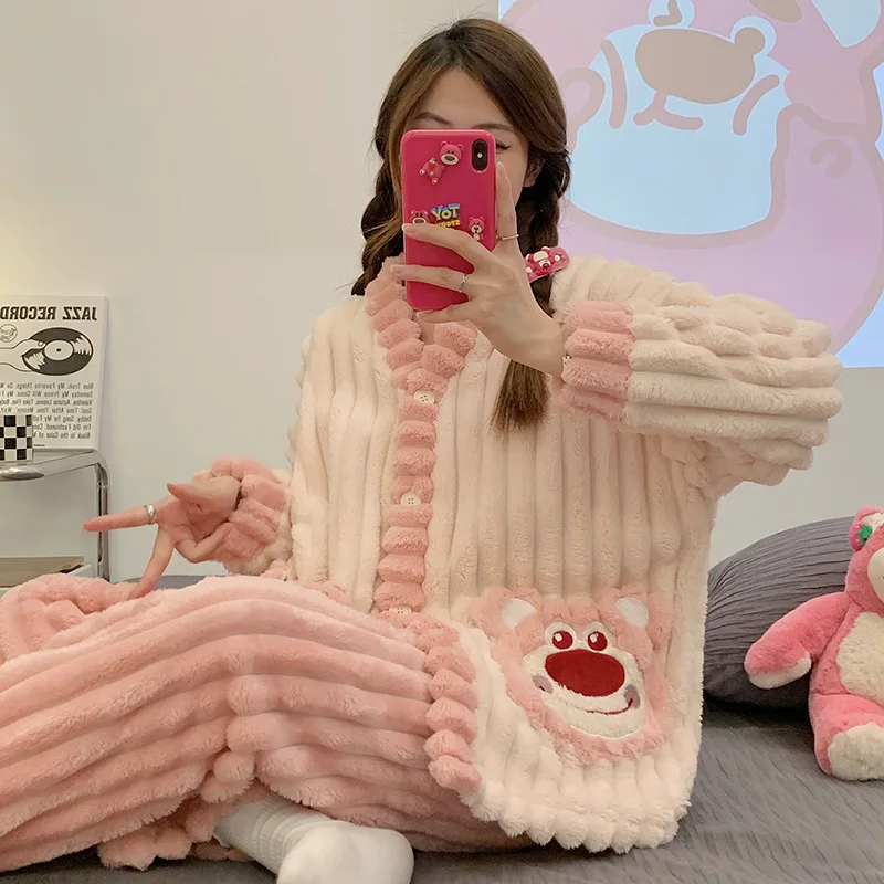 Coral Velvet Pajamas Women's Cardigan Plush Thickened Loose Fitting Home Clothing Set