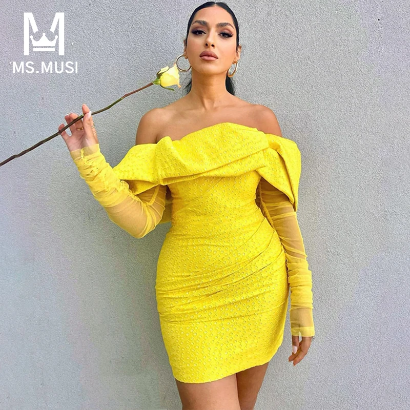 

Новинка 2024, модное женское сексуальное мини-платье MSMUSI с открытыми плечами и длинным рукавом