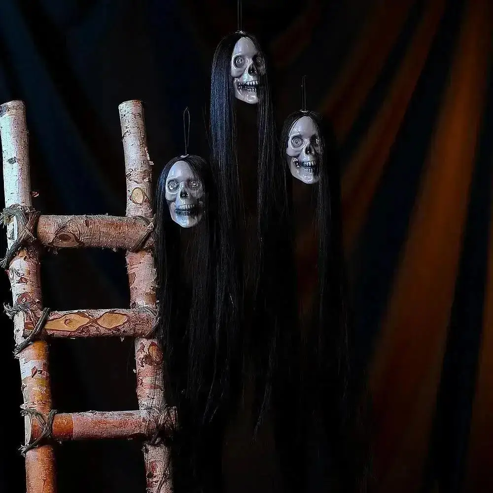 Halloween Hanging Ghost Skeleton Head With Long Hair Red Blinking Eye Horror Photo Prop For Home Garden Outdoor Party Decoration