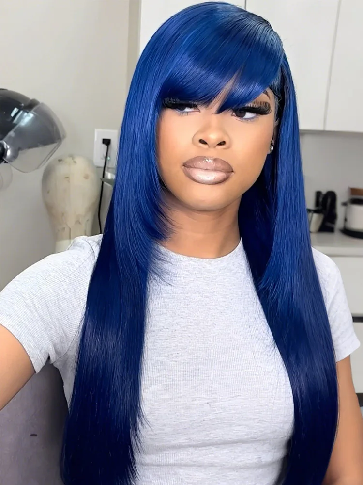 Lekker 컬러 블루 롱 100% 인간의 머리카락 스트레이트 가발 여성용 앞머리..