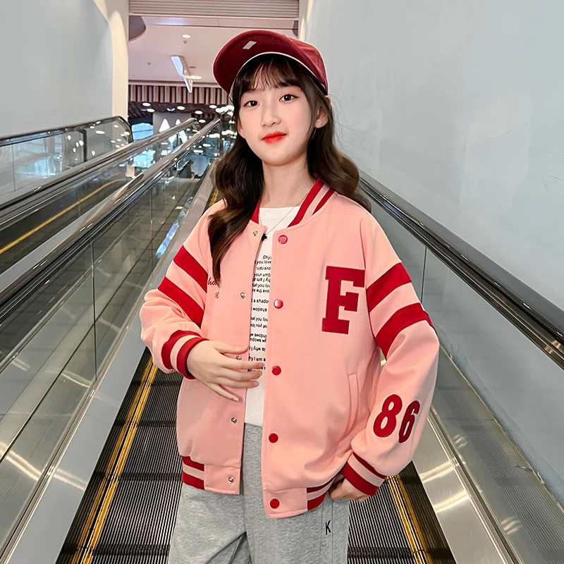 New Girls Pink Bomber Jacket Autumn Baseball Coat Kids