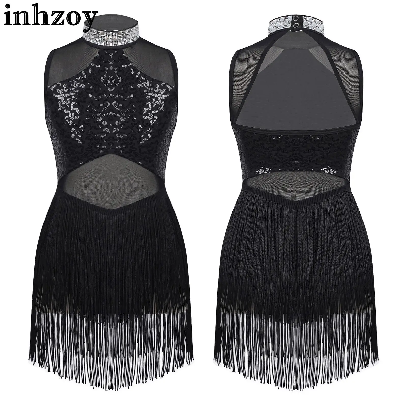

Kids Girls Modern Latin Dance Dress Shiny Rhinestone Sequins Cutout Back Mesh Tassel Hem Dance Leotards Solo Competition Costume