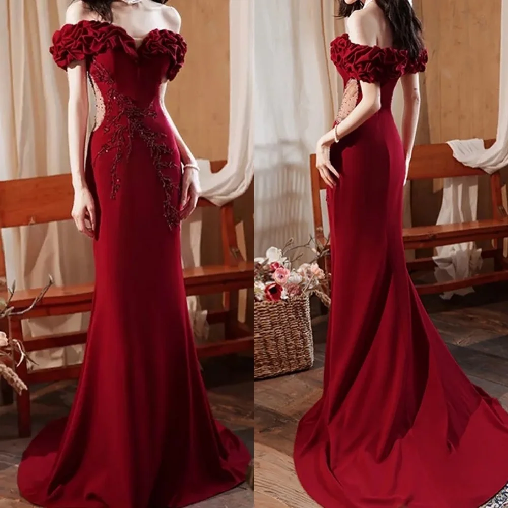 Jersey Beading Draped Pleat Graduation Mermaid Off-the-shoulder Bespoke Occasion Gown Long Dresses