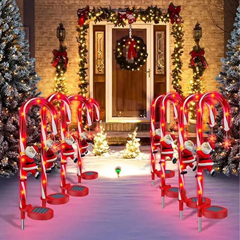 

Candy Cane Lights with Stakes 2Pcs Solar Powered Pathway Markers Stake Lights Outside Decorative Waterproof Stake with Santa