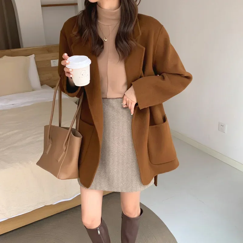 

White Jacket Wool & Blend Coats for Women Dress Caramel Colour Long Over Solid Tweed Blazer Woman Clothes Outerwears Tailoring