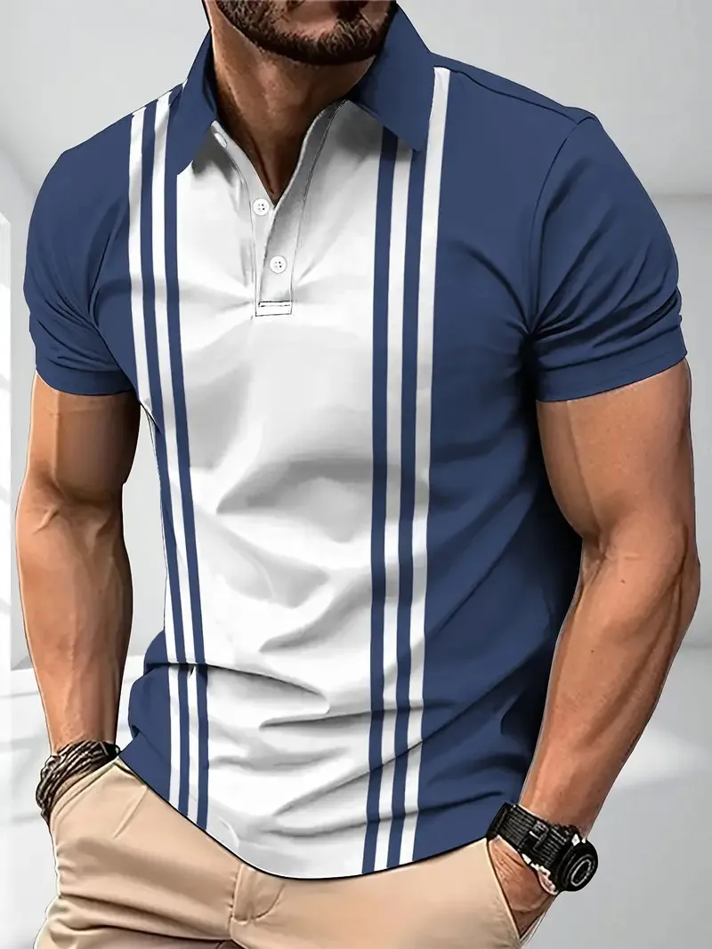 

Men's Casual Fashion New Summer Short Sleeve 3D Printing Golf Polo Shirt Stripe Button Men's Street Clothing Fashionable