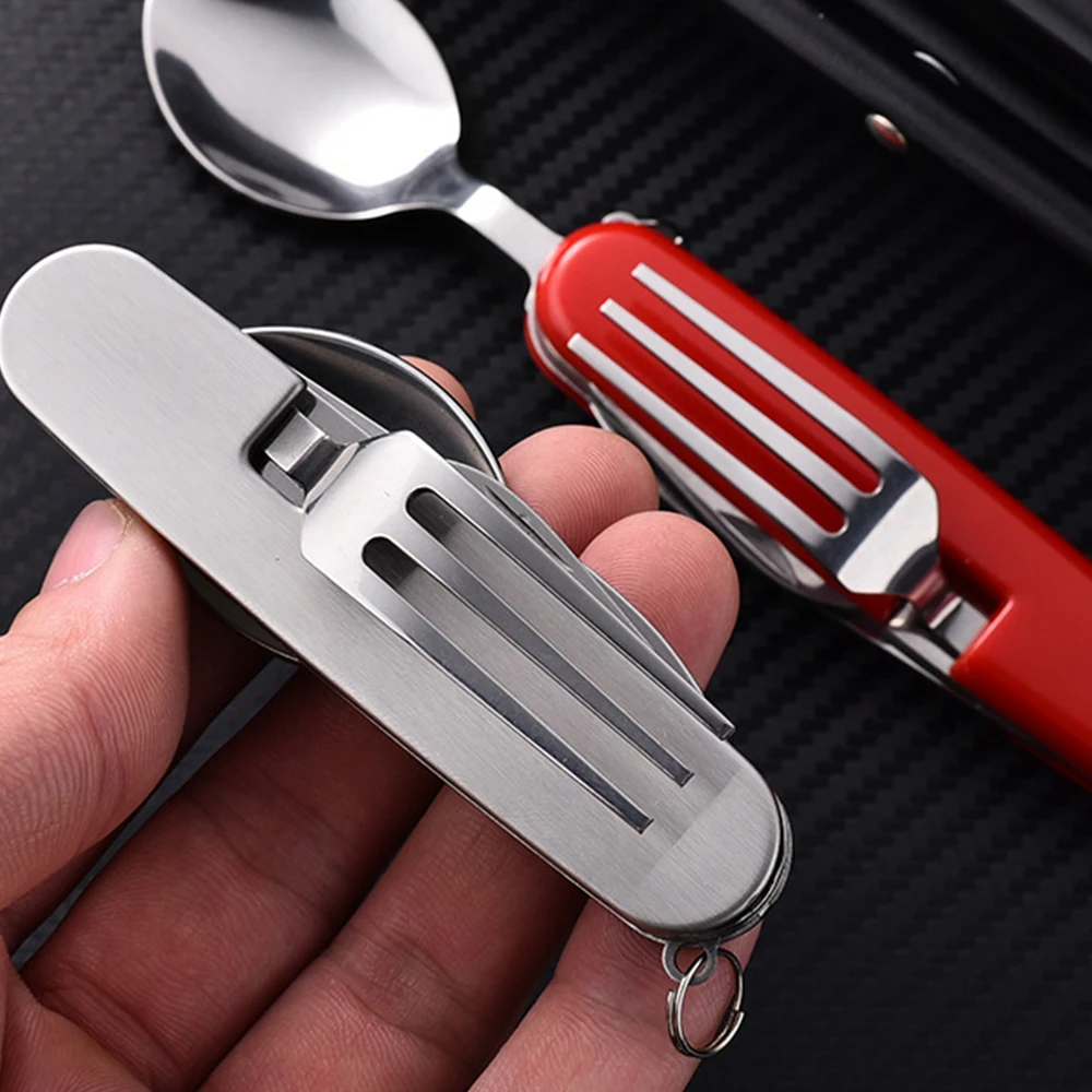 Foldable Camping Utensil 4 in Set Stainless Steel Fork,Knife,Spoon,Bottle Opener for Outdoor Meals, Camping,Backpacking,Hiking