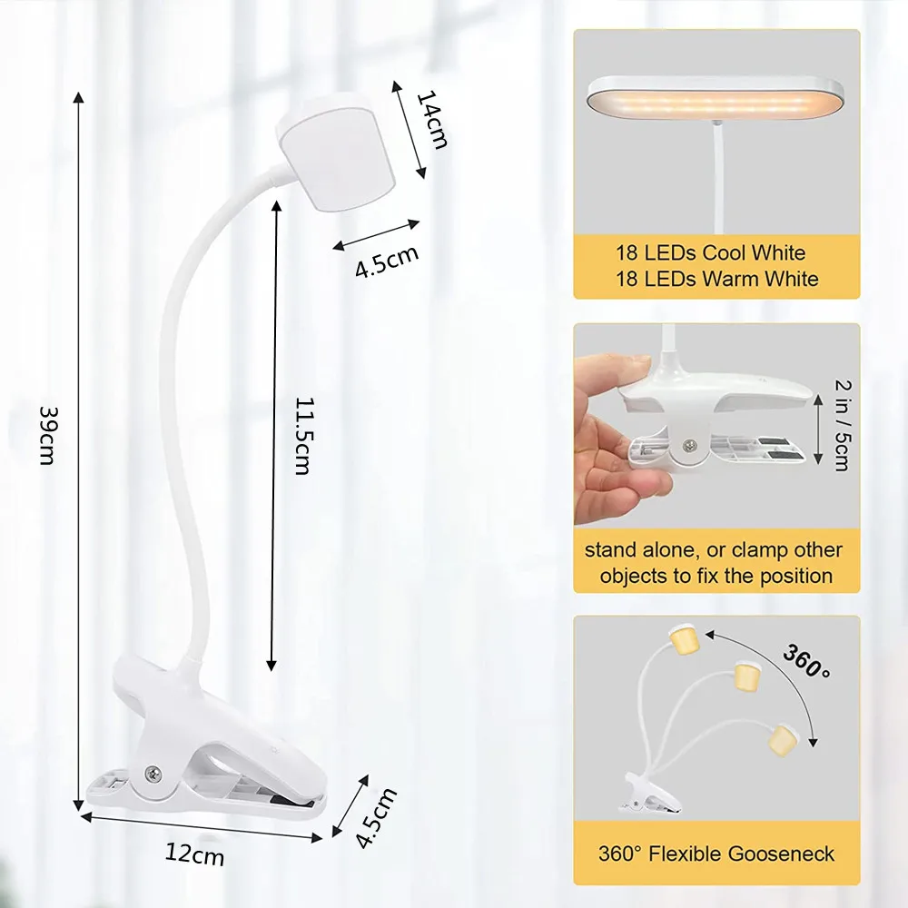 Lâmpada para Crianças Luz de Leitura Clip na Lâmpada com 5 Cores e 5 Leds Brilho Olho Proteger Usb Recarregável Cama Parede Mesa Ler 36 2 lâmpada com 5 cores e 5 brilho