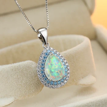 Luxury Pear Cut White Fire Opal Necklaces For Women Silver Color Water Drop Stone Blue Red Zircon Pendant Clavicle Necklace Gift