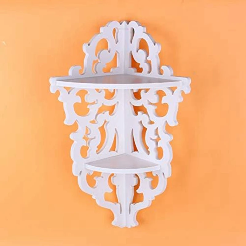 1 PCS 2 Tier Wall Mounted Carved Home Bathroom Corner Shower Storage Shelf Corner Shelf White Corner Display Rack For Decoration 2