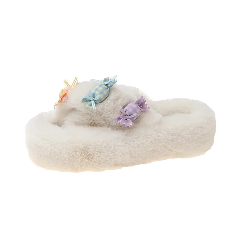 Fluffy Slippers Women Shoes Insect Decor Gold Color Sandals Ladies Flip Flops Furry Winter Luxury Slippers Casual Indoor 2022