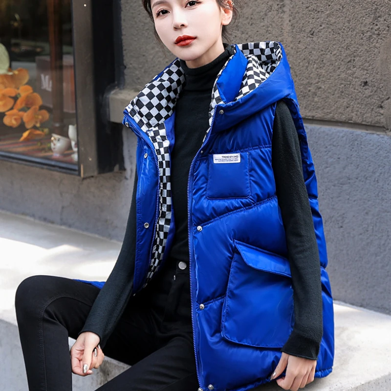 Winter Thick Warm Down Cotton Hooded Vest Women Windproof Sleeveless Cardigan Zipper Pocket Korean Parkas Vests Loose Outerwear