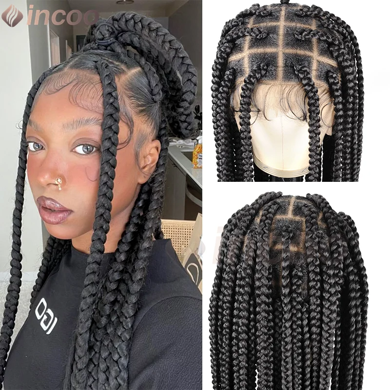 Synthetic Large Box Braided Wigs Jumbo Knotless Full Lace Front Wigs Jumbo Tribal Braids Faux Locs Cornrows Wig