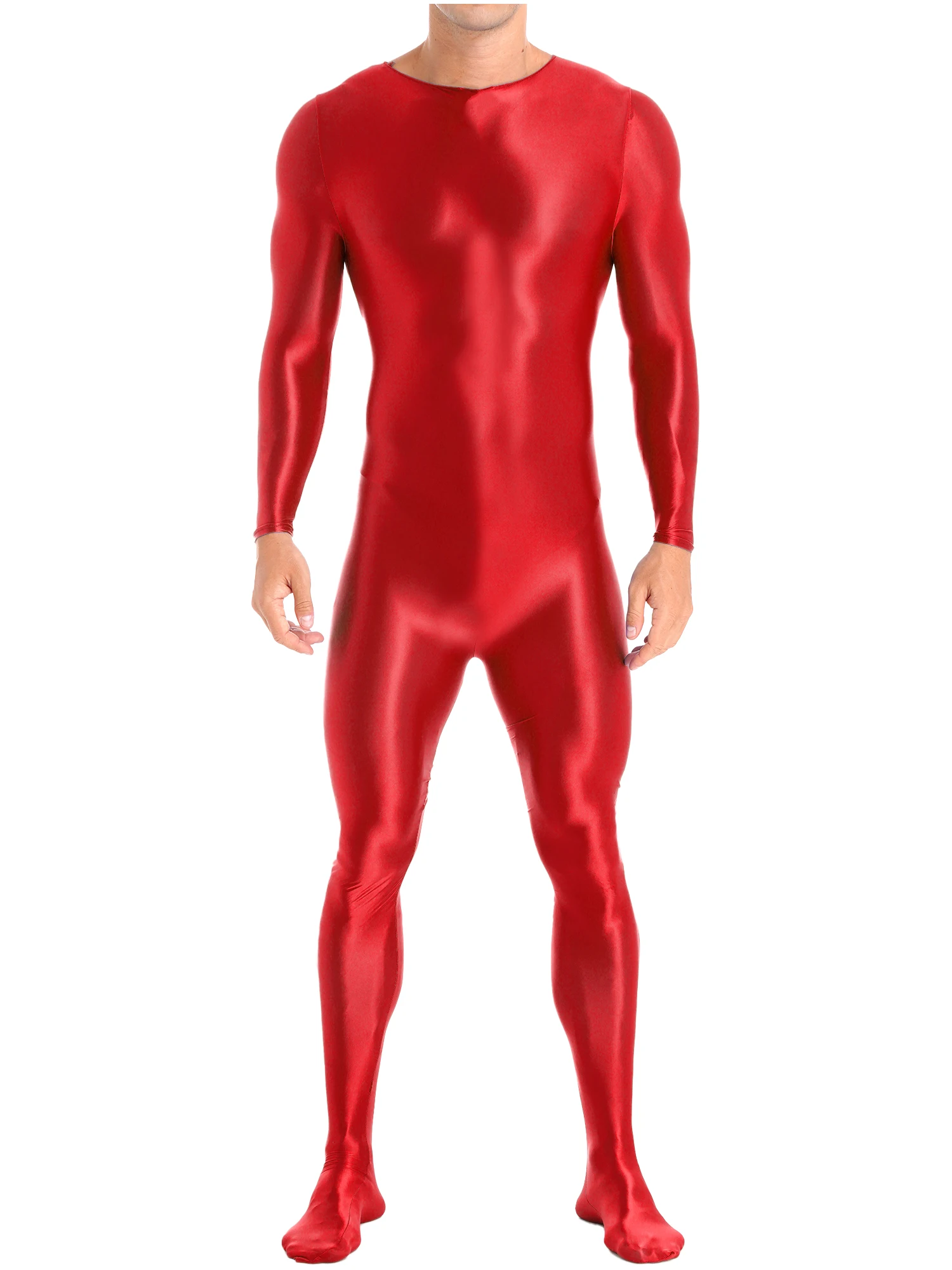 Mens Bodysuit Swim Mock Neck Back Zipper Bodystocking Glossy Solid Color Long Sleeve Bodysuit Sportwear Nightwear Swimwear