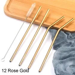 Durable Stainless Steel Reusable Drinking Straws with Cleaning Brush Set - Eco-Friendly Cocktail Bar Accessory (12 rose gold)
