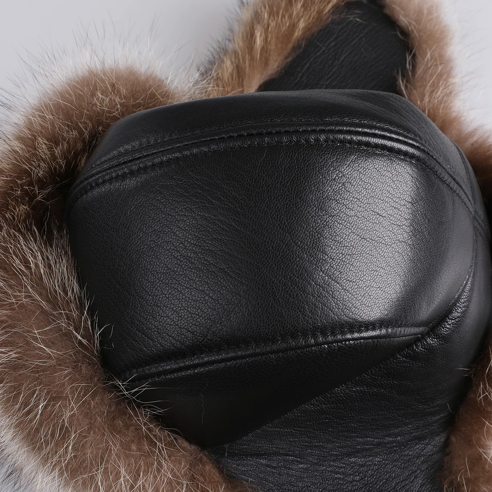BOONJOVIA 100% Raccoon Fur Trapper Hat for Men Aviator Russian