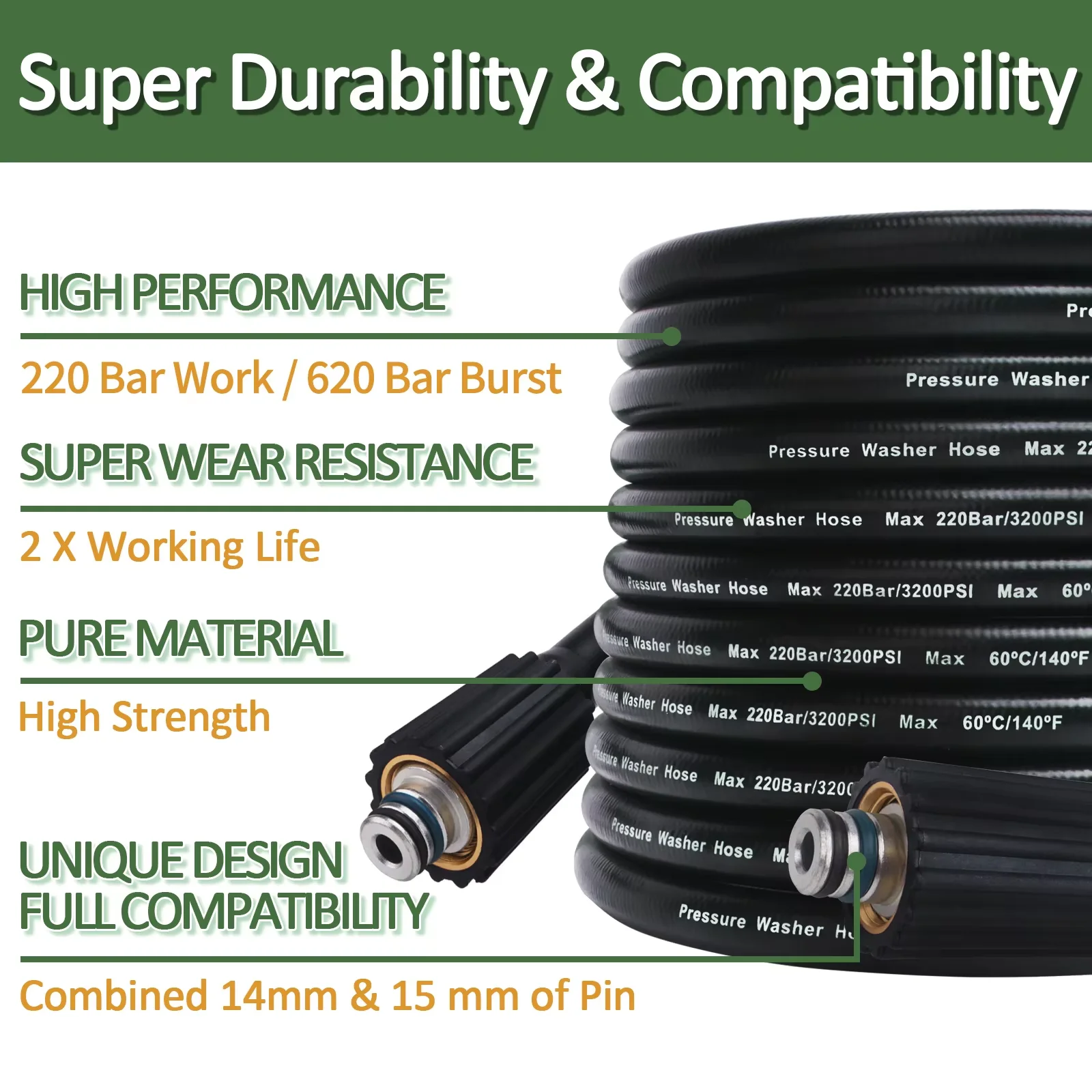 10m 고압 세척기 호스 자동차 세척용 물청소 호스 연장 호스 코드 파이프 라보르 해머 휴터 코흘러 스테르윈스용