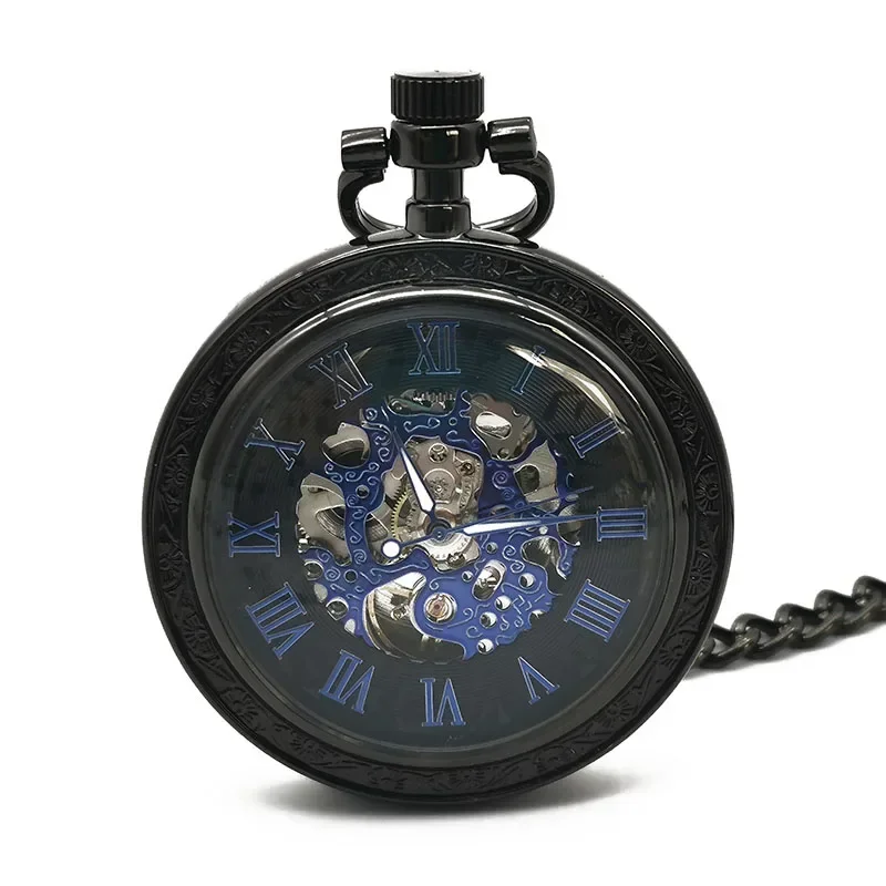 패션 빈티지 블랙 기계식 주머니 시계 블루 로마 숫자 고품질 Steampunk 목걸이 펜던트 시계 팔찌 시계