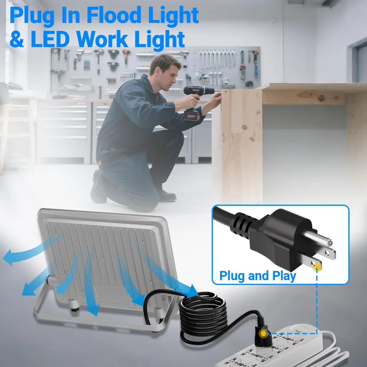 100W200W 플러그인 LED 투광등 실외용, 밝은 LED 작업등 플러그 포함, IP65 방수 6000K 투광 조명 백야드용