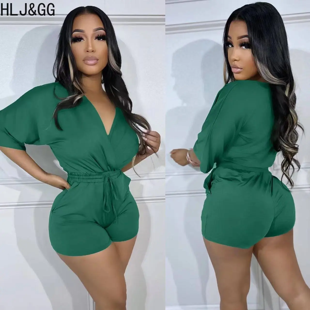 HLJ&GG Elegant Lady Lace Up Rompers Women Deep V Short Sleeve Slim Jumpsuits Casual Solid Bandage With Pocket One Piece Playsuit