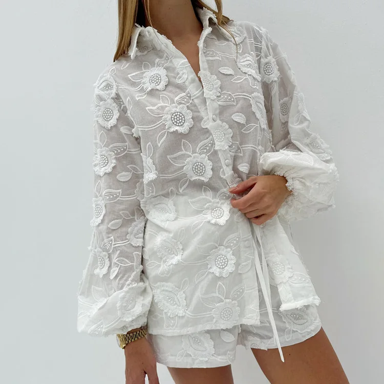 Printed See-Through Sexy Outfits Female Patchwork Cardigan Shirts And Lace-Up High Waist Shorts Sets Autumn 2 Piece-Set